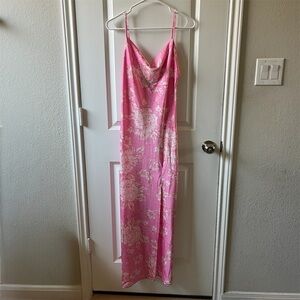 Paper Hearts Pink Satin Floral Maxi Dress S